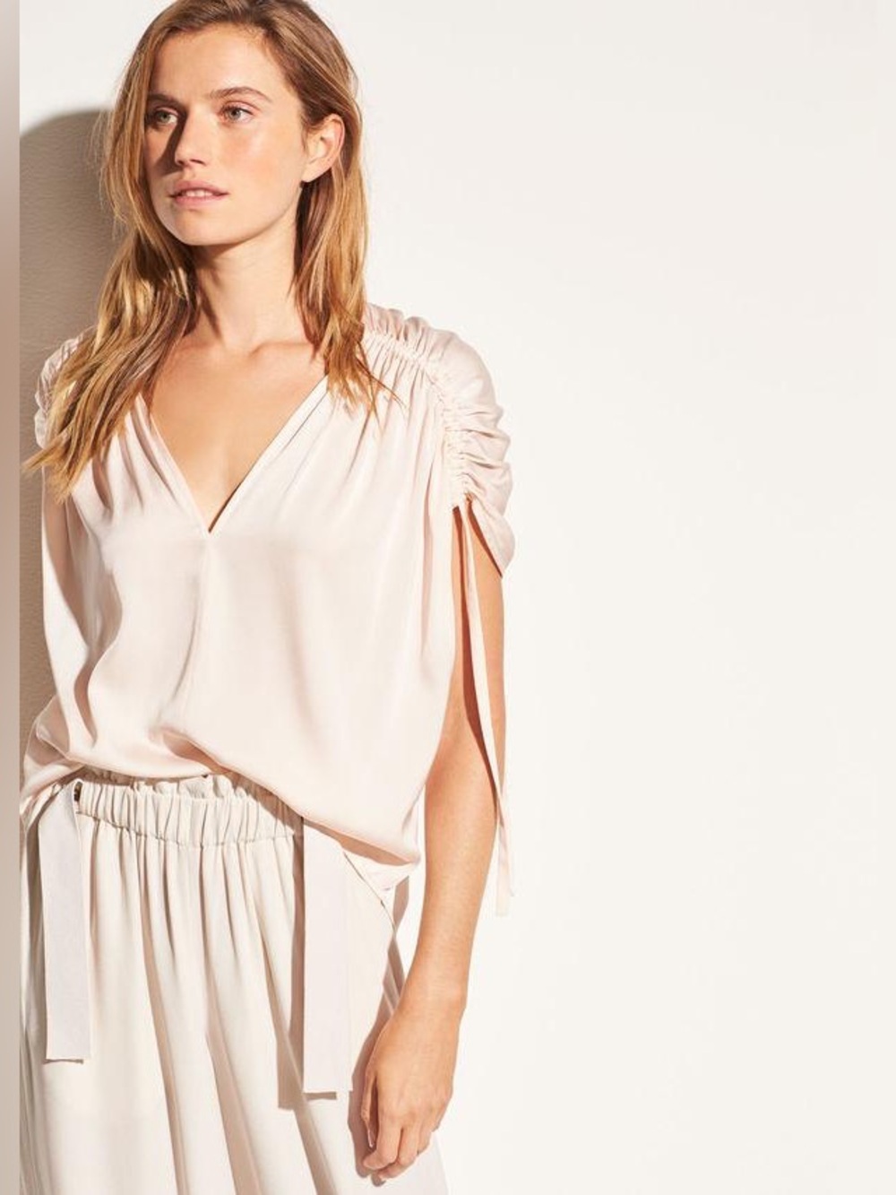 Vince Ruched Stretch Silk V-Neck in Rosewater